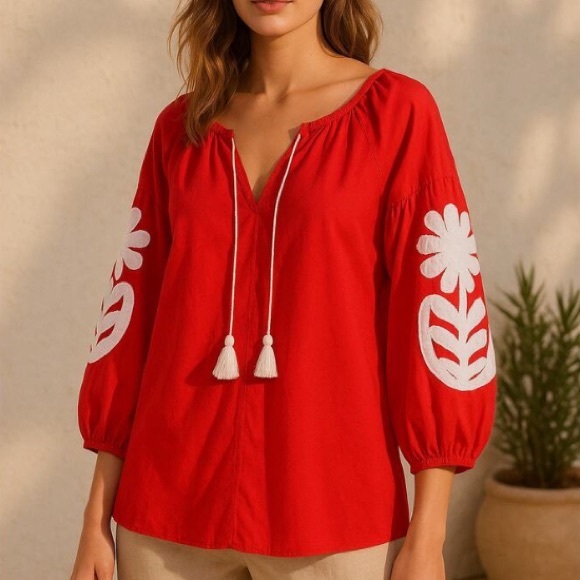 J. Crew Factory Tops - Women’s J.Crew Appliqué Peasant Top Shirt Blouse Red White Tassels Medium